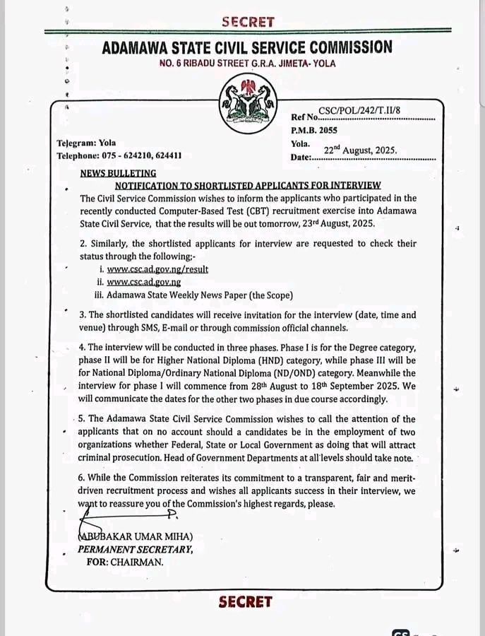 Adamawa CSC Releases 2025 Recruitment CBT Results/Interview Schedule