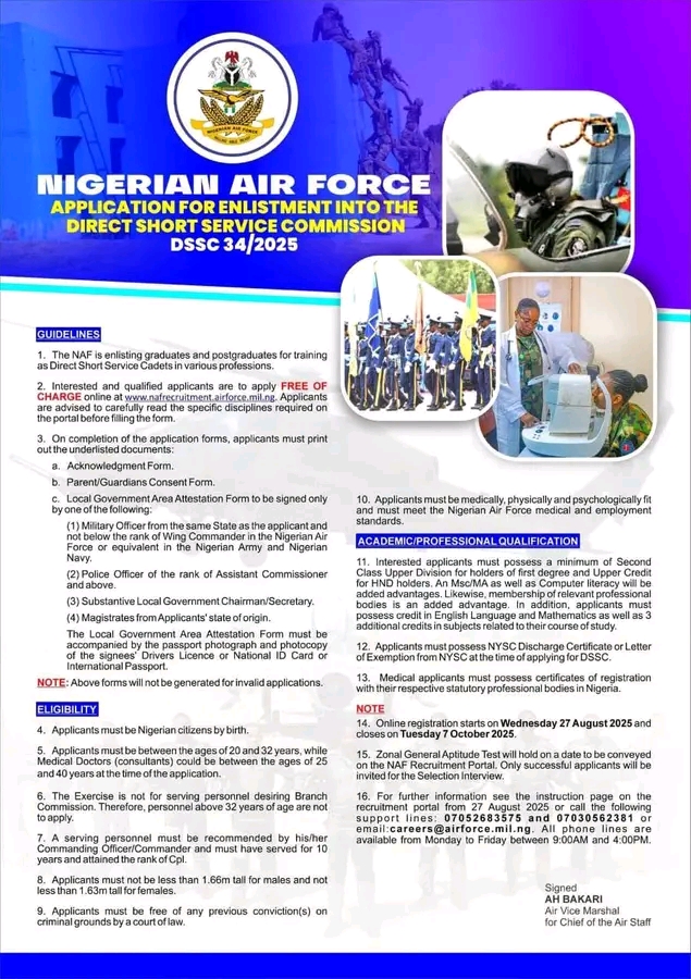 Nigerian Air Force 2025 Short Service (DSSC 34/2025) Recruitment: How to Apply