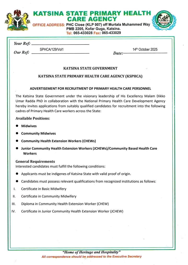 Katsina State Primary Health Care Agency (KSPHCA) | Apply For Online Recruitment Form