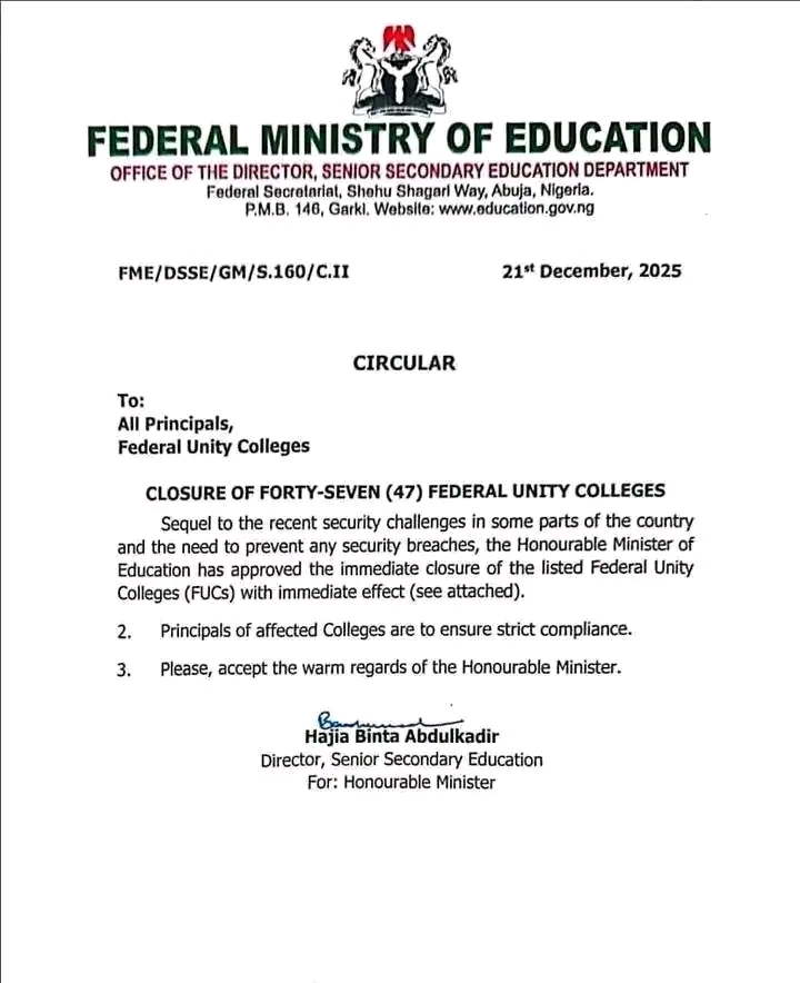FG Orders Immediate Closure of 41 Unity Colleges Over Escalating Security Threats
