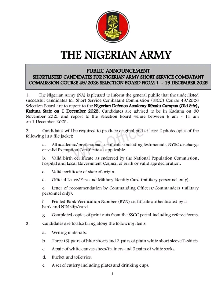 Nigerian Army SSC 49/2026 Shortlisted Candidates – November 2025
