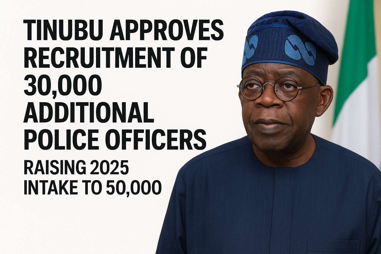 Tinubu Approves Recruitment of 30,000 Additional Police Officers, Raising 2025 Intake to 50,000