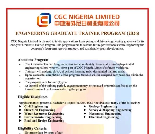CCGC Nigeria Limited Opens Applications for 2026 Engineering Graduate Trainee Programme