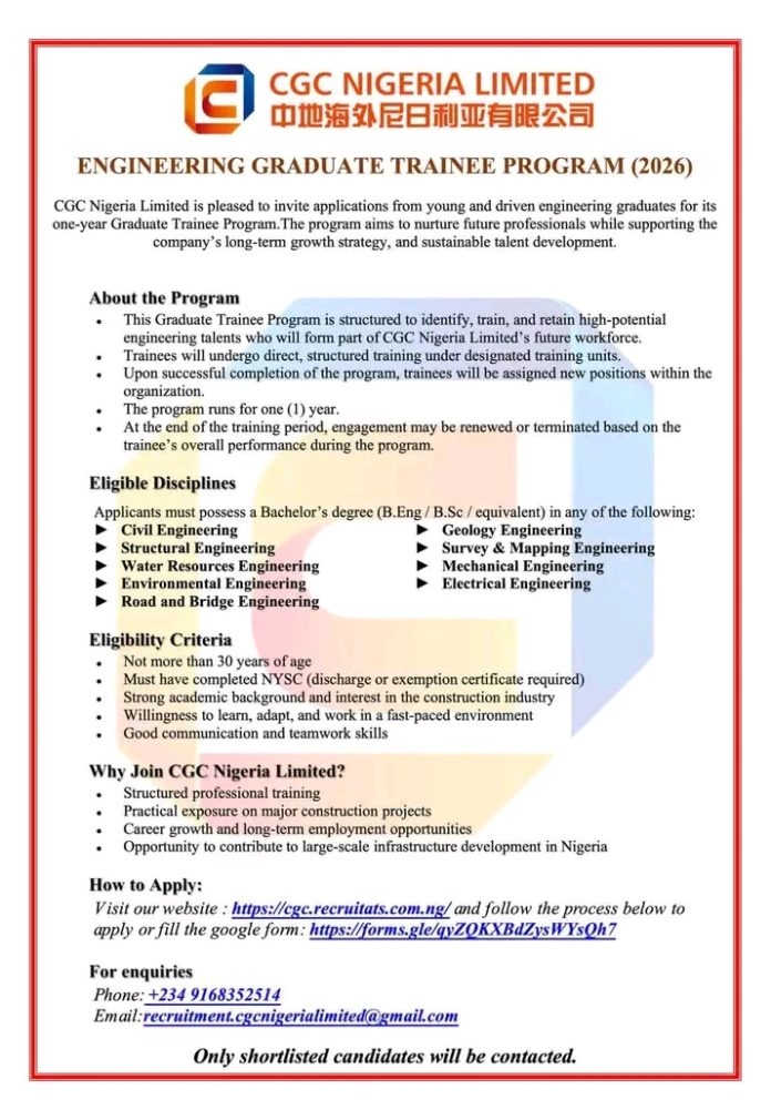 CCGC Nigeria Limited Opens Applications for 2026 Engineering Graduate Trainee Programme